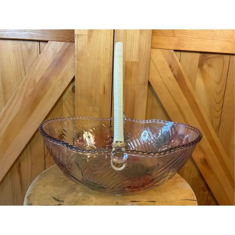 ADERIA Vintage Glass Fruit Bowl Basket Has Handle Color Purple Pink Green Grapes